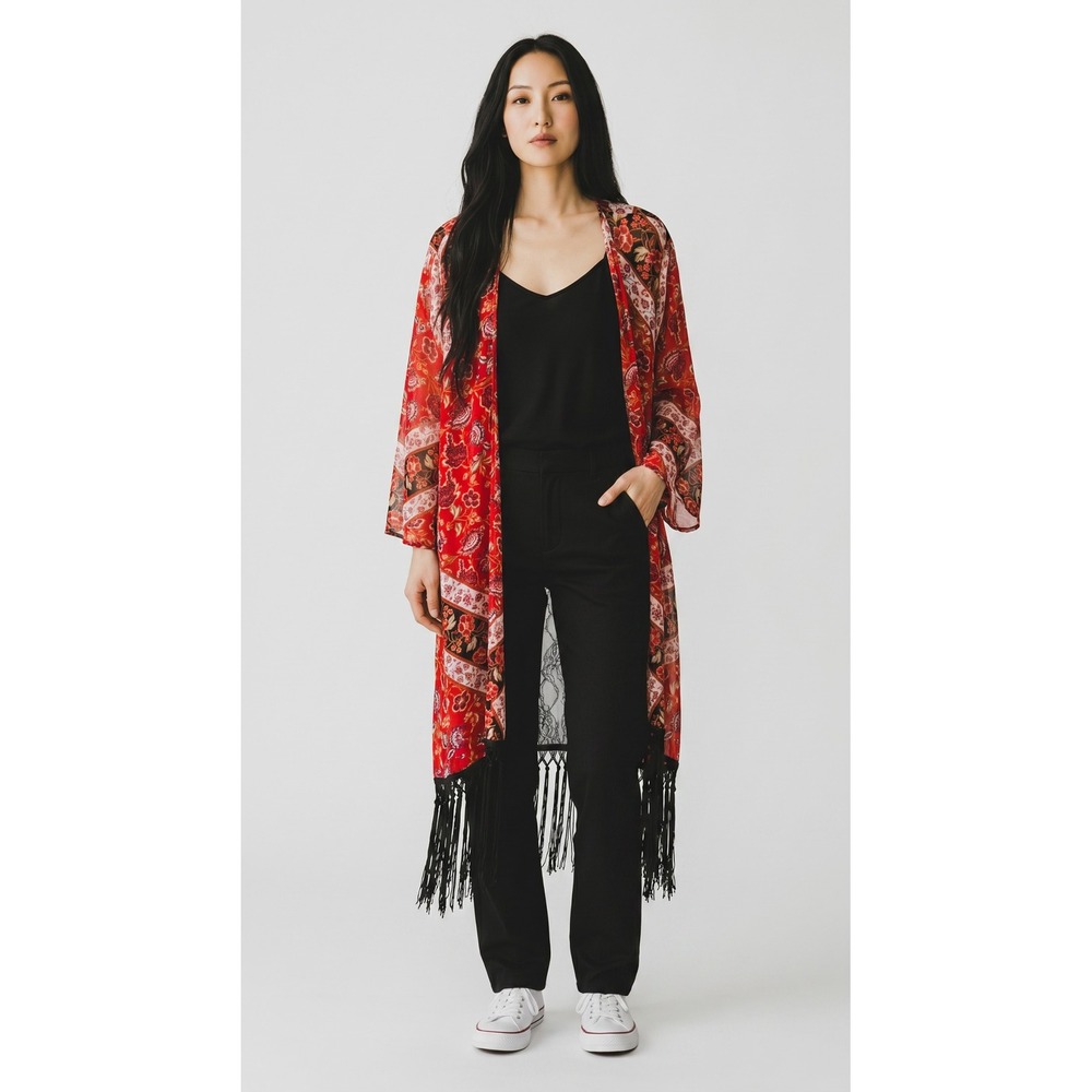 Xhilaration Red Paisley Fringe Kimono  XXL Witchy Whimsigoth Festival Boho